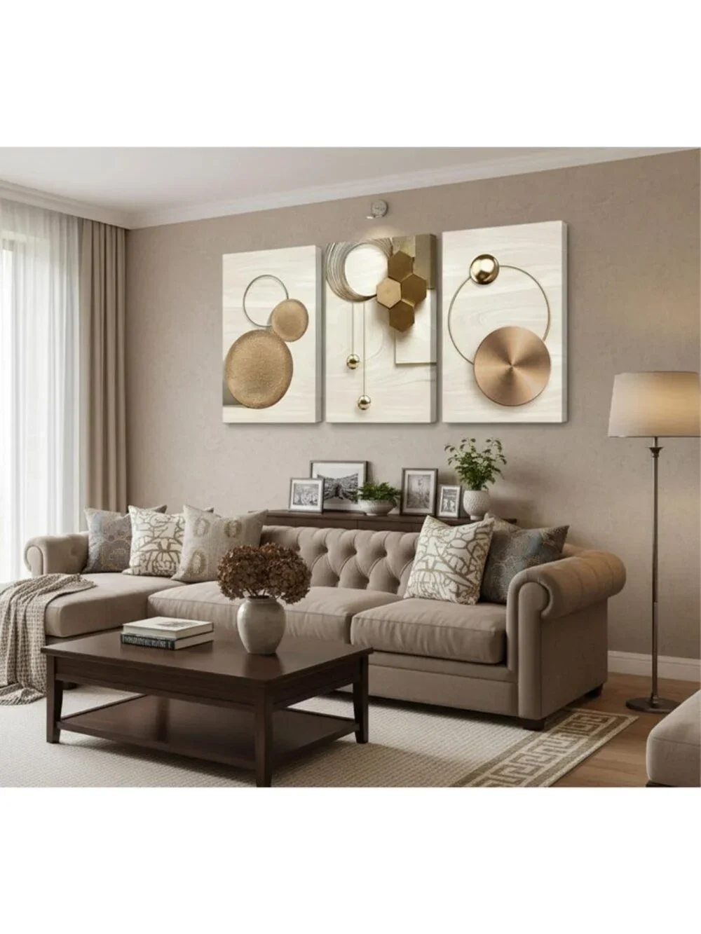 3 Pcs Abstract Gold Geometric Canvas Wall Art - Boho Mid Century Modern Decor